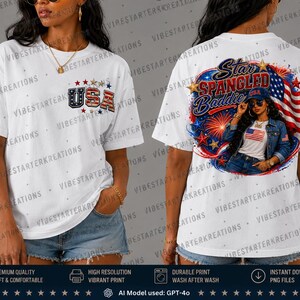 Puede incluir: Una camiseta blanca con un pequeño gráfico en el pecho izquierdo con el texto USA en un patrón rojo, blanco y azul. La parte posterior muestra un gráfico grande de una persona con chaqueta de mezclilla y gorra con el texto Star Spangled Baddie.