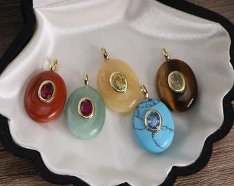 Aventurine /Tiger Eye /Yellow Jade Natural Gemstone Charms, Gold Plated Oval Crystal Pendants For Gift Fashion Jewelery Making 13*23*7mm