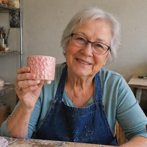 Puede incluir: Una taza de cerámica rosa claro con una superficie texturizada es sostenida. La taza es cilíndrica y tiene un tono rosa pálido. El fondo muestra un taller con estantes y cerámica.