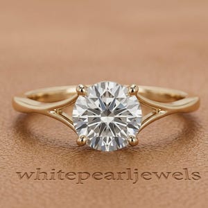 Anillo solitario de diamante redondo, anillo de compromiso con brazo dividido para mujer, anillo de boda de oro macizo, anillo de aniversario sencillo de corte redondo, regalo nupcial