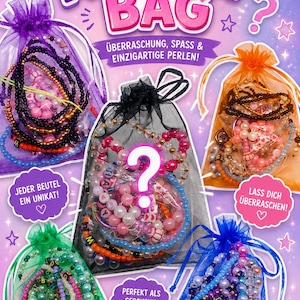 May include: Five sheer organza drawstring bags in purple, black, orange, green, and blue, each filled with colourful beaded bracelets. The image features the text MYSTERY BAG, UBERRASCHUNG, SPASS & EINZIGARTIGE PERLEN, JEDER BEUTEL EIN UNIKAT, LASS DICH UBERRASCHEN, PERFEKT ALS GESCHENK ODER FUR DICH, and OFFNE, ENTDECKE, FREUDE.