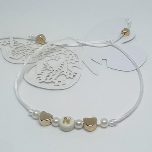 Personalized Initial Bracelet with Heart – Adjustable String Bracelet White Gold – Boho Y2K Aesthetic Jewelry – Handmade Gift for Her