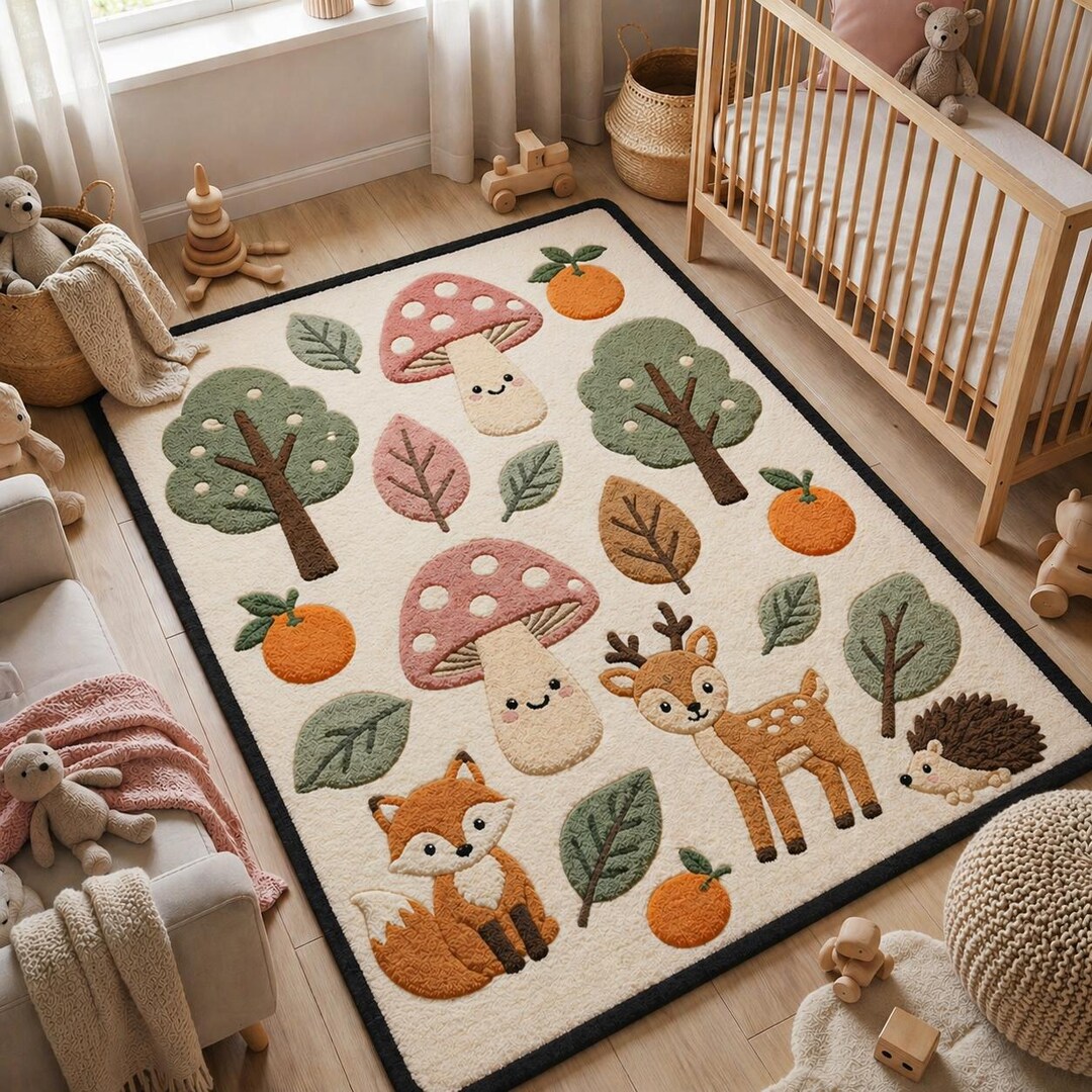 Hand-tufted Wool Woodland Animals Rug, Forest Nursery Playroom Carpet ...