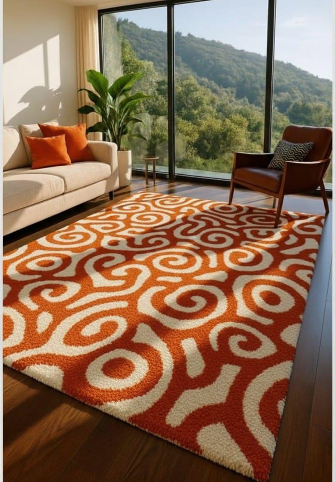 Orange Splat Rug Orange Cream Swirl Area Rug, Modern Abstract Plush Carpet White and ...