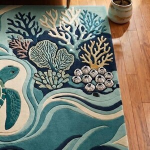 Hand Tufted Wool Rug, Ocean Sea Turtle Area Rug