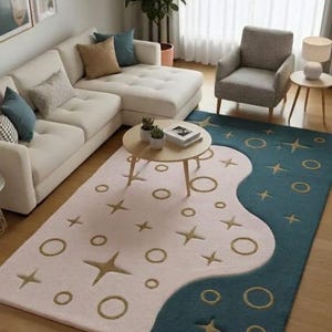 Hand Tufted Wool Star Rug, Teal Ivory Abstract Carpet, Living Room Scandinavian Design