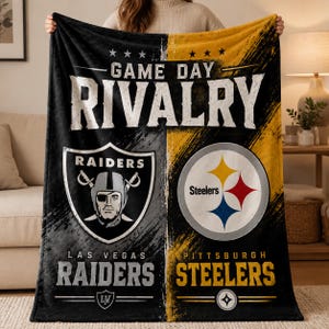 May include: A rectangular fleece blanket featuring a split design with the text GAME DAY RIVALRY. The left side is black with the Las Vegas Raiders shield logo and text. The right side is yellow with the Pittsburgh Steelers circular logo and text.