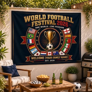 May include: A navy blue tapestry with gold text reading "WORLD FOOTBALL FESTIVAL 2026." It features a gold trophy, soccer ball, and flags of various nations. The text "ONE WORLD ONE PASSION" is also present. The bottom banner reads "WELCOME [YOUR FAMILY NAME] EST. 2026."