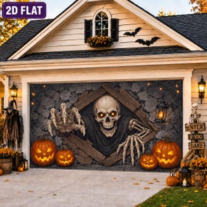 May include: A 2D flat Halloween garage door cover featuring a large, grinning skeleton breaking through a stone wall. The design includes glowing orange eyes, skeletal hands, and jack-o'-lanterns. A sign on the right reads ENTER IF YOU DARE.