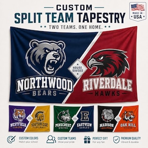 May include: Custom split team tapestry featuring two team logos, Northwood Bears and Riverdale Hawks, with text. The tapestry is navy blue and red, with additional team logo examples below. Made in the USA.