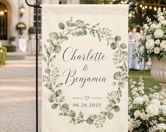 Personalized Wedding Garden Flag, Custom Couple Names Wedding Welcome Sign, Eucalyptus Bridal Shower Yard Flag, Outdoor Ceremony Decor