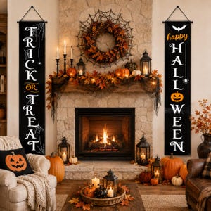 Trick or Treat Porch Banners Set of 2, Happy Halloween Door Signs, Black Spiderweb Pumpkin Front Entry Hanging, Outdoor Halloween Decor Set