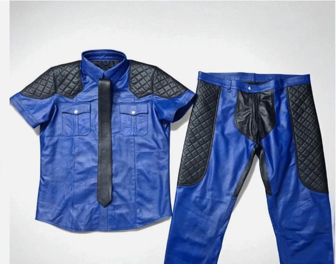 Panel Uniform Part Men’s Genuine Leather Blue Uniform Quilted Panels Uniform Pants Shirt ...