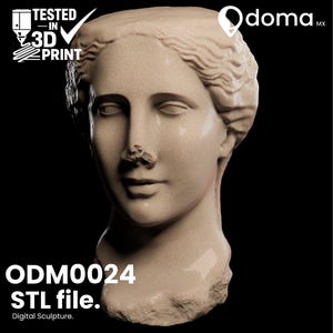 May include: A beige, textured 3D-printed bust of a classical female figure with wavy hair. The image includes the text TESTED IN 3D PRINT, the logo doma.mx, and the text ODM0024 STL file. Digital Sculpture. The sculpture has a smooth finish.