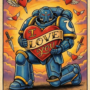 以下が含まれることがあります： 「I Love You」の文字が入った赤いハートを抱えた、ひざまずく青い装甲の人物のイラスト。 羽の生えたハート、短剣、そして「VALENTINE'S GREETINGS」の文字が書かれたバナーが、夕焼け空を背景に描かれています。