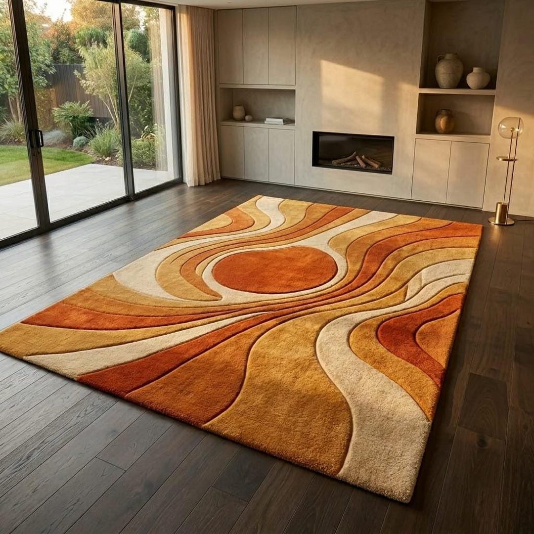 Retro Wavy Wool Area Rug: 70s Groovy Sunburst Abstract Carpet - Etsy