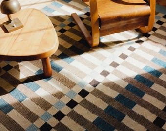 Blue Beige Brown Geometric Dhurrie Rug, Handmade Wool Cotton Flatweave Area Rug, Block Pattern, Modern Indian Kilim, Custom Size