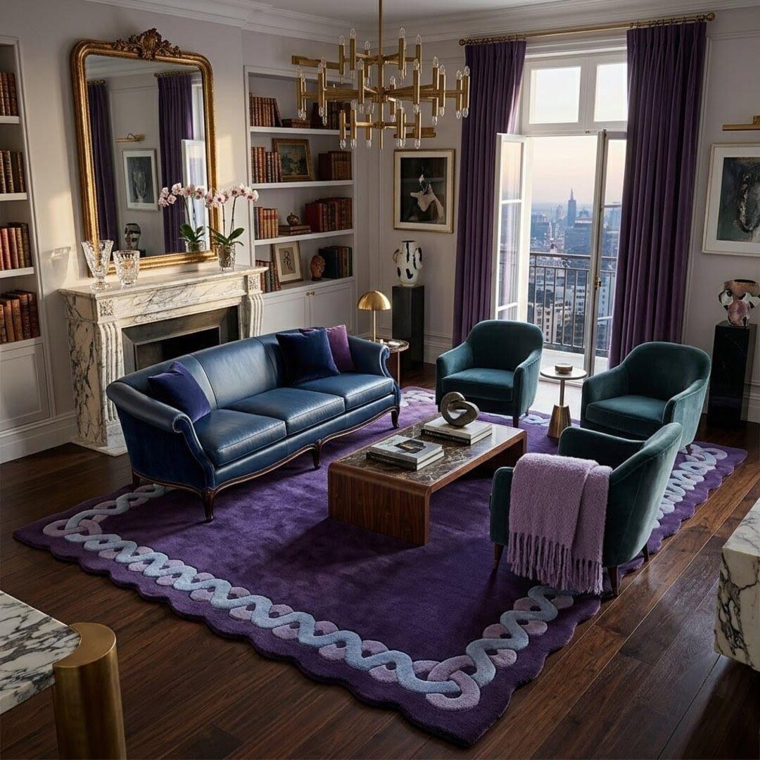 Hand Tufted Wool Area Rug, Scalloped Edge, Deep Purple Statement Carpet ...