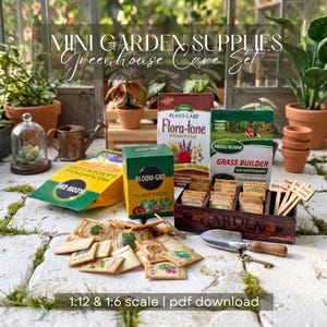 May include: A miniature greenhouse care set featuring a Bloom-Gro plant food box, Flora-tone and Grass Builder bags, a wooden garden crate with seed packets, a metal trowel, a small key, and wooden plant markers, all in 1:12 and 1:6 scale.