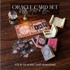 May include: An oracle card set with a mat and box, featuring miniature books, cards, and a crystal ball. The set includes a Dreamy Rose box and a scroll. The text on the image reads "ORACLE CARD SET With Mat & Box" and "1:12 & 1:6 scale | pdf download".