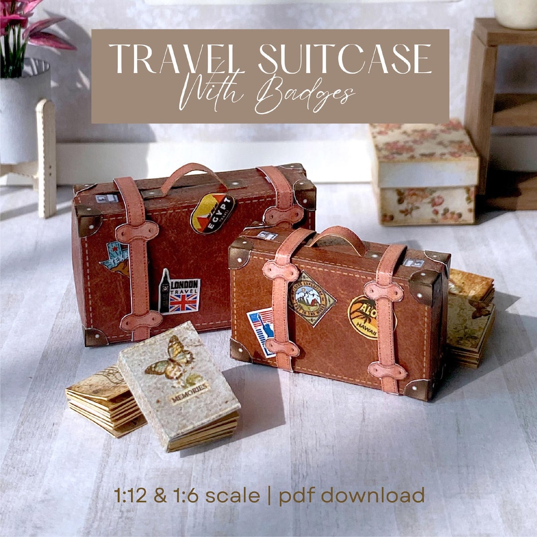 Miniature Vintage Suitcase Printable 1:12 Scale Brown Leather Travel ...