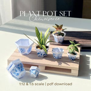 Ensemble de pots de plantes miniatures imprimables chinoises à télécharger au format PDF, jardinières pour maison de poupée à l'échelle 1/12 1/6, pot chinois bleu et blanc artisanat en papier pour travaux manuels