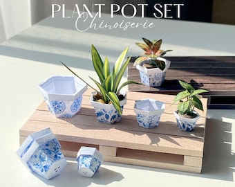 Chinoiserie Miniature Plant Pots, Blue White Chinese Dollhouse Planters (1:12, 1∶6 Scale) (PDF Download)