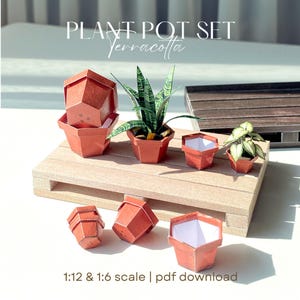 May include: A terracotta plant pot set with the text "PLANT POT SET Terracotta". The set includes several geometric pots, some containing small plants, arranged on a wooden pallet. The scale is 1:12 & 1:6.