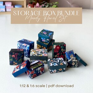 Printable Miniature Storage Box Bundle, 1:12 and 1/6 Scale Moody floral Rectangle Box Dollhouse Accessories, DIY Tiny Square Box Kit PDF