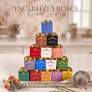 May include: A pyramid stack of miniature square tea boxes labeled Tinyings in various colors including blue, brown, black, red, white, orange, purple, and green. The text reads English Tea Boxes Classic Selection and 1:12 & 1:6 scale | pdf download.