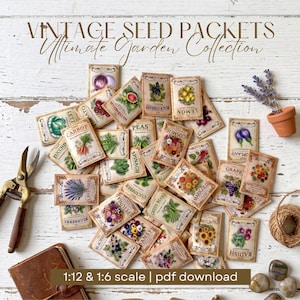 Puede incluir: Una colección de sobres de semillas en miniatura de estilo vintage con ilustraciones de verduras, frutas y flores con etiquetas como Carrot, Lemon y Lavender. El texto VINTAGE SEED PACKETS Ultimate Garden Collection y 1:12 & 1:6 scale | pdf download es visible.