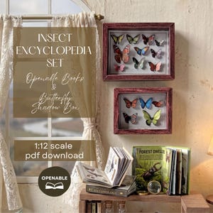 Op de afbeelding: Een miniatuurset op schaal 1:12 met twee rechthoekige houten schaduwdozen met diverse kleurrijke vlindersoorten en twee openslaande boeken getiteld Entomology en Forest Dwellers met gedetailleerde insectenillustraties en tekst.
