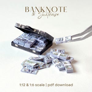 May include: A miniature black suitcase filled with stacks of $100 bills. Several stacks of bills are scattered around the suitcase. The image includes the text "BANKNOTE & Suitcase" and "1:12 & 1:6 scale | pdf download".