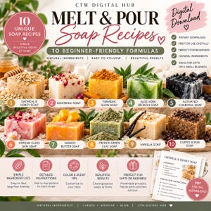 May include: A digital download guide titled CTM Digital Hub Melt & Pour Soap Recipes featuring 10 beginner-friendly formulas. The image displays 10 square soap bars with various ingredients like oatmeal, rose petals, turmeric, aloe, and coffee beans.