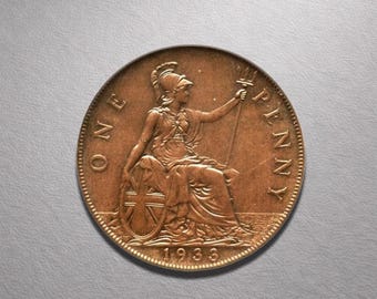1933 Brittiskt mynt med ett penny: Britannia brons numismatiskt samlarobjekt