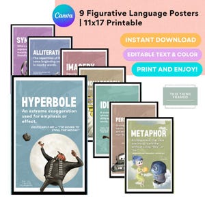 May include: A set of nine 28x43 cm printable posters featuring figurative language concepts like hyperbole, metaphor, and alliteration. Each poster displays definitions and illustrative graphics from animated films, with text labels for educational use.