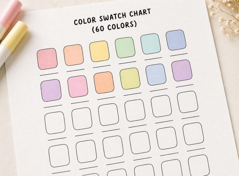 Color Swatch Chart 60 Colors Printable, Blank Marker Swatch Sheet ...