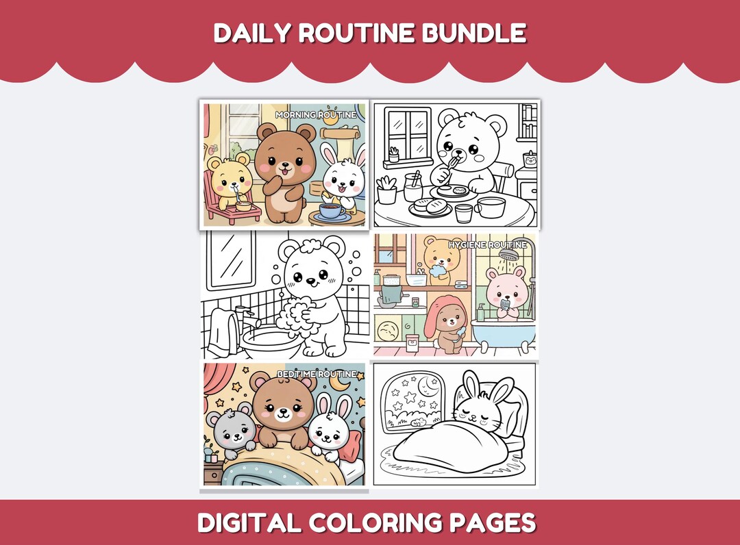 Daily Routine Coloring Pages Bundle – Kids Morning Hygiene Bedtime ...