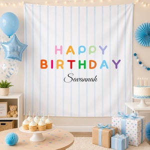 Personalized Birthday Tapestry, Custom Name Party Backdrop, Colorful Kids Wall Hanging, Pastel Stripe Banner, Girl Boy Room Decor Party Gift