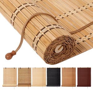 May include: Rolled-up bamboo window shade with a wooden pull. The shade is a light brown color with darker brown accents. Several other bamboo shades in different colors are displayed below the rolled-up shade.