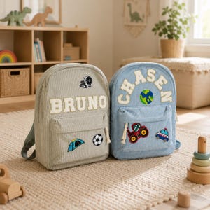 Personalized Toddler Backpack Custom Name Varsity Patch Corduroy Kids School Bag Cute Monogram Preschool Gift Bag Kids
