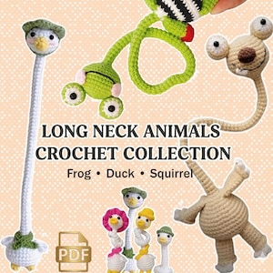 Puede incluir: Una colección de animales de ganchillo hechos a mano, incluyendo una rana, un pato y una ardilla. La imagen presenta varias criaturas caprichosas de cuello largo con costuras detalladas y acentos coloridos. El texto dice "LONG NECK ANIMALS CROCHET COLLECTION".