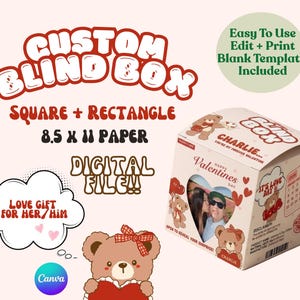 May include: A custom blind box design with text that reads "Custom Blind Box" and "Square + Rectangle". The design includes a digital file, a heart-shaped image, and a teddy bear illustration. The text "Love Gift For Her/Him" is also present.