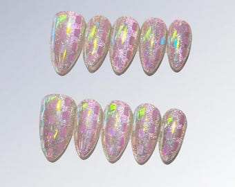 Iridescent Pink Holographic Glitter Checkerboard Short Almond Press On Nails Handmade Y2K Trendy Nails Party, Festival beach Press Ons