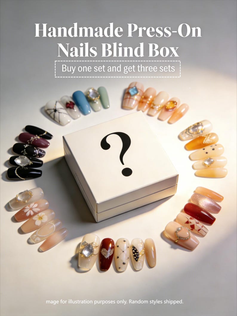May include: An assortment of handmade press-on nails in diverse colours and designs, including white, black, blue, and nude shades, with decorative elements. The image features a blind box with a question mark and the text "Buy one set and get three sets."Buy 1 Get 3 Random Sets,Press On Nails Blind Box,Surprise Nail Art Gift,Handmade Fake Nails.