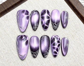 Metallic Lavender Chrome Dark Purple Cat Eye Almond Press On Nails Handmade Nails Y2K Trendy Nails Party, Festival Gift for her