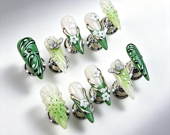 Emerald Chrome Swirl 3D White Daisy Iridescent Butterfly Green Gradient Almond Press On Nails Y2K Trendy Nails Party holiday nails