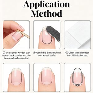 May include: A step-by-step guide for gel pad application. The image shows six steps, including cuticle care, nail filing, cleaning, gel pad application, and tip removal. Text instructions accompany each step, detailing the process for achieving a professional manicure.