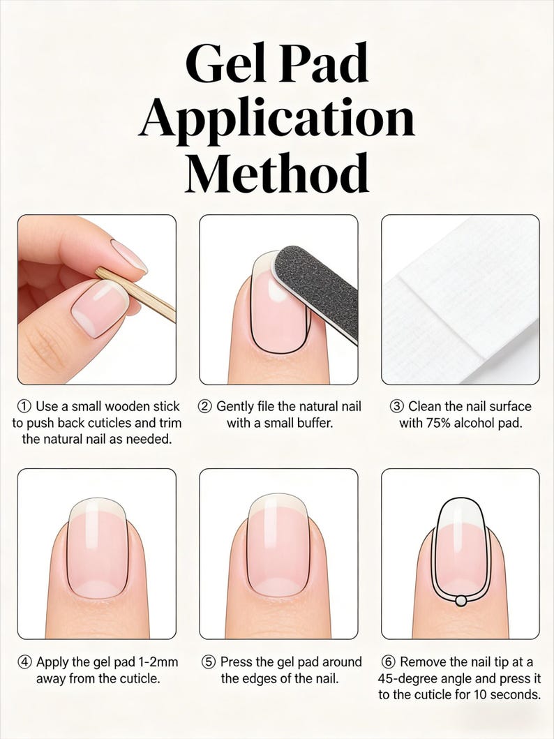 May include: A step-by-step guide for gel pad application. The image shows six steps, including cuticle care, nail filing, cleaning, gel pad application, and tip removal. Text instructions accompany each step, detailing the process for achieving a professional manicure.