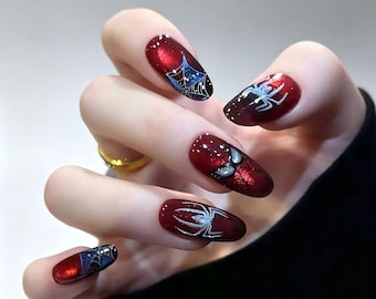Spider Man Red Chrome Silver Spider Web 3D Short Almond neon Press On Nails Handmade Acrylic Nails Y2K Trendy Party Festival gift for her